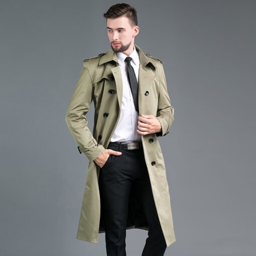 Men's Long Double Breasted Spring And Autumn Fashion Trench Coat Green – Image 2