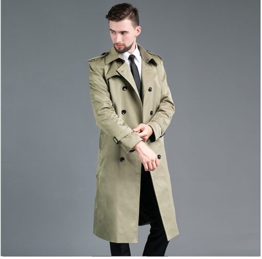 Men's Long Double Breasted Spring And Autumn Fashion Trench Coat Green – Image 5