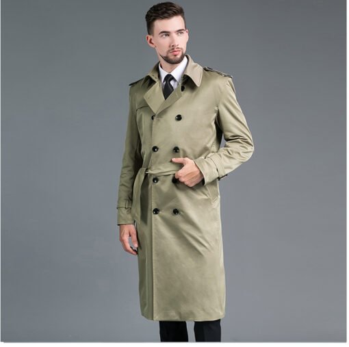 Men's Long Double Breasted Spring And Autumn Fashion Trench Coat Green – Image 4