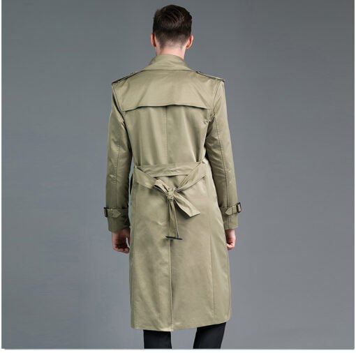Men's Long Double Breasted Spring And Autumn Fashion Trench Coat Green – Image 3