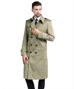 Men's Long Double Breasted Spring And Autumn Fashion Trench Coat Green
