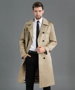 Men's Long Double Breasted Spring And Autumn Fashion Trench Coat Khaki