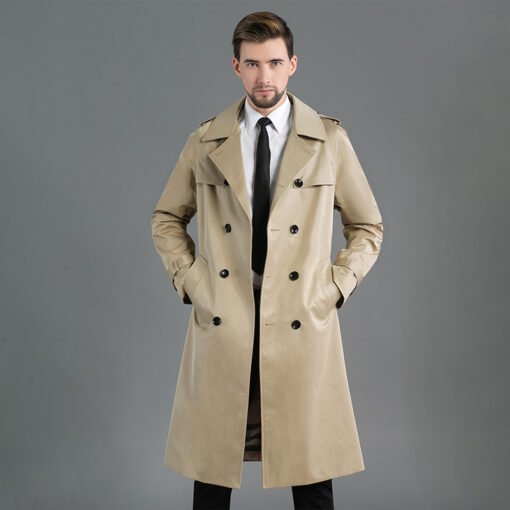 Men's Long Double Breasted Spring And Autumn Fashion Trench Coat Khaki – Image 2
