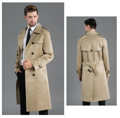 Men's Long Double Breasted Spring And Autumn Fashion Trench Coat Khaki – Image 3