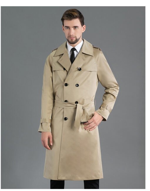 Men's Long Double Breasted Spring And Autumn Fashion Trench Coat Khaki – Image 6