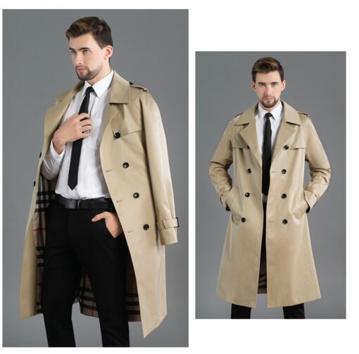Men's Long Double Breasted Spring And Autumn Fashion Trench Coat Khaki – Image 5