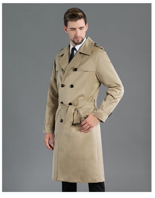 Men's Long Double Breasted Spring And Autumn Fashion Trench Coat Khaki – Image 4