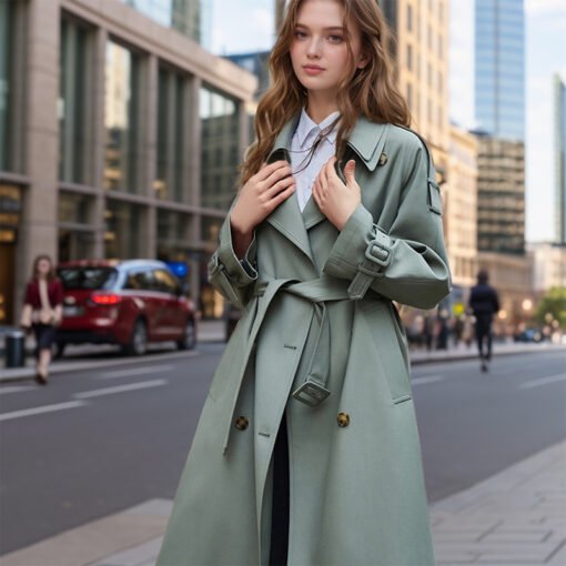 Popular Trench Coat Women 2024 Fall/Winter New Mid-Length Coat Green – Image 5