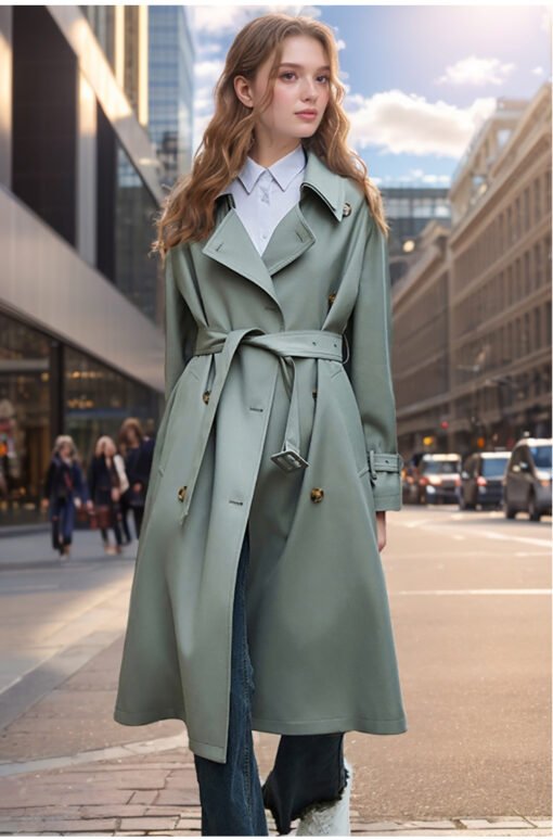 Popular Trench Coat Women 2024 Fall/Winter New Mid-Length Coat Green – Image 3