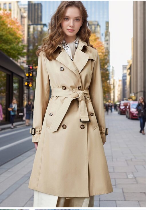 Popular Trench Coat Women 2024 Fall/Winter New Mid-Length Coat Khaki – Image 5